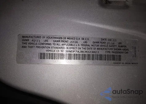 2012 Volkswagen Jetta 2.5L Se z USA, uszkodzony, nr VIN 3VWDP7AJ8CM323823